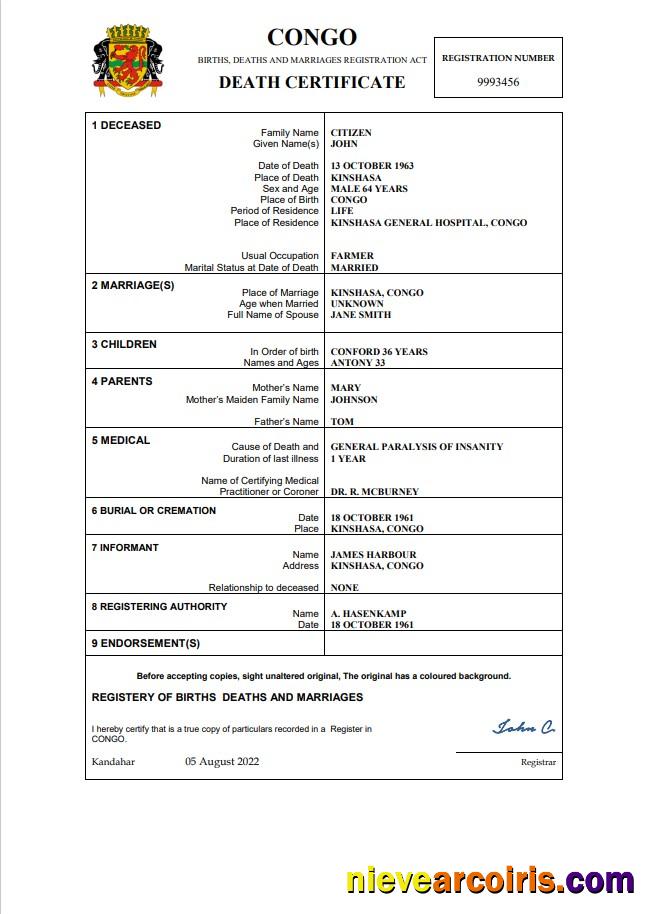 Congo death certificate